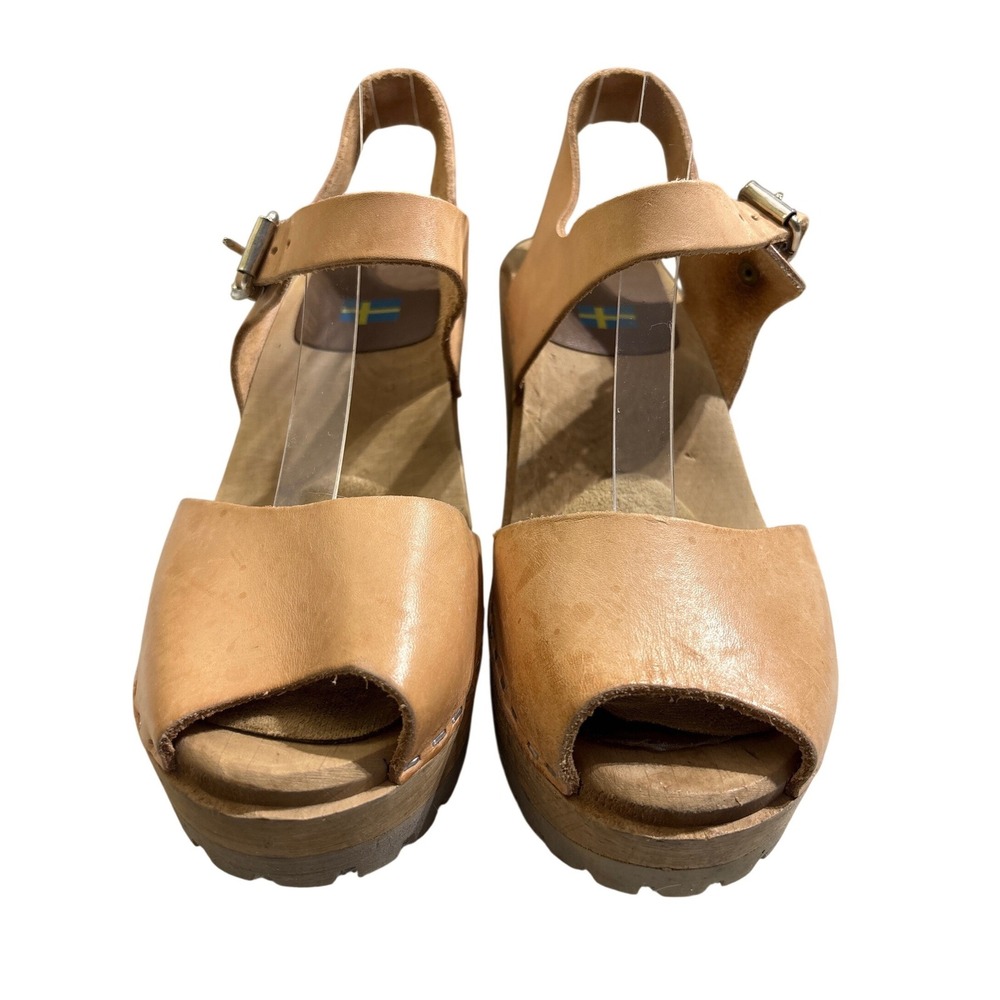 Swedish Hasbeens‎ Natural Tan Leather Wooden Platform Peep Toe Sandals Clogs 38